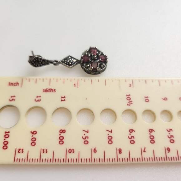 925 SILVER ART DECO STYLE EAR RINGS WITH GARNET AND MARCASITES. - Picture 7 of 7
